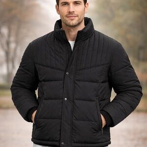 VIP Collection Black Puffer Jacket Mens Medium Quilted Winter Coat Zip Snap Warm